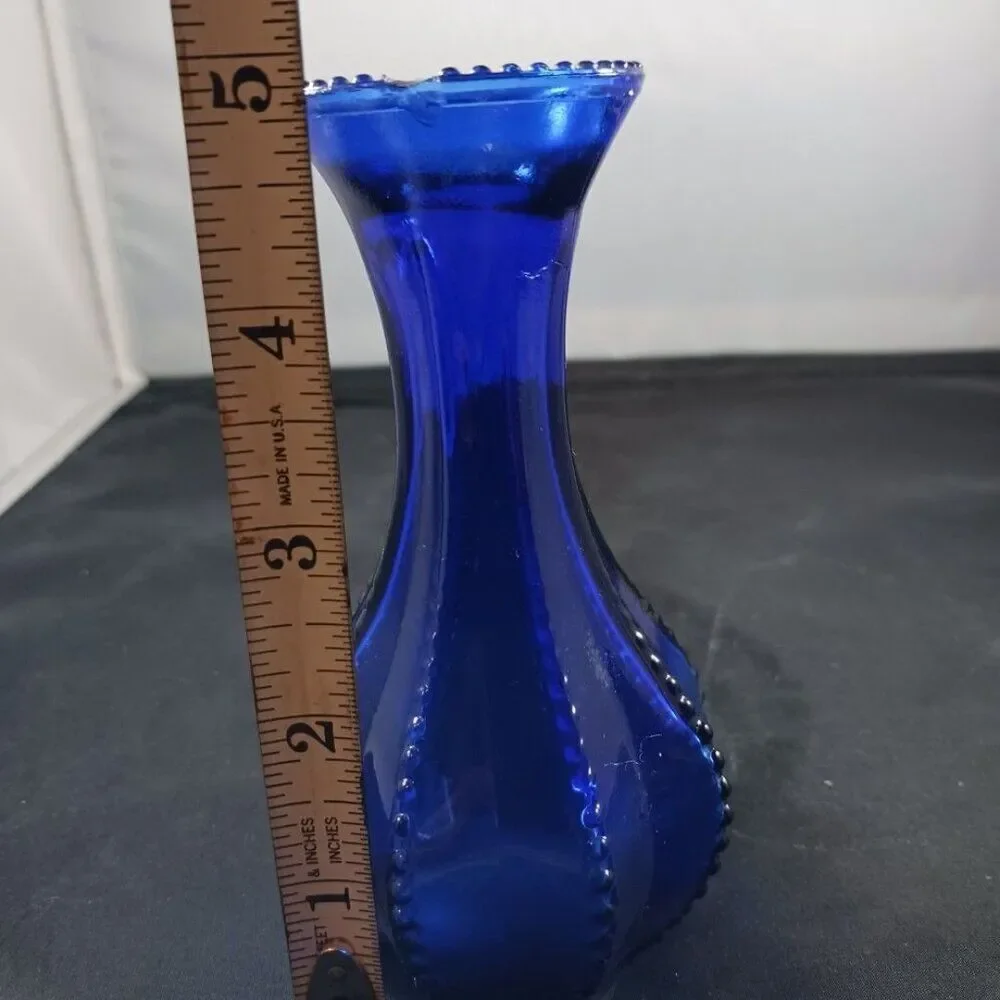 Vintage Indiana Glass Vase Beaded Edge Zipper 8 Sided Cobalt Blue 4 7/8